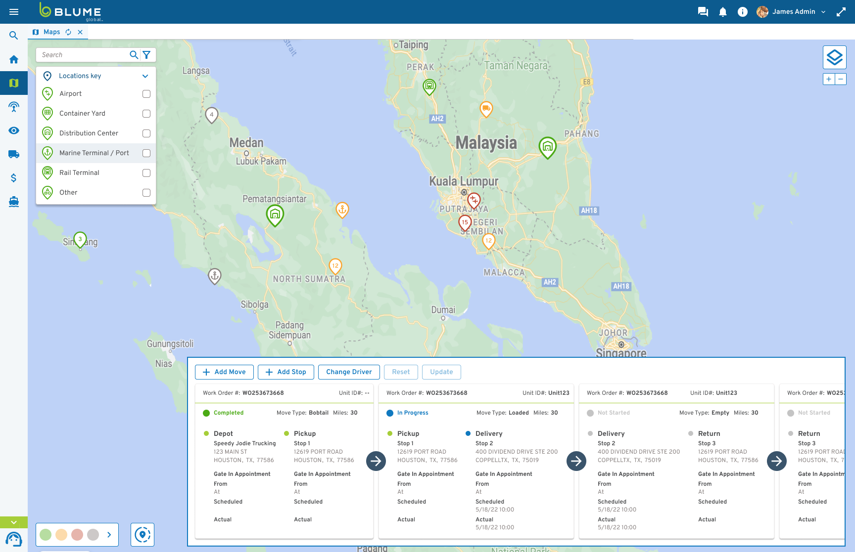 Blume Maps — the live network: location layers over Southeast Asia, work-order moves tracked stop by stop.