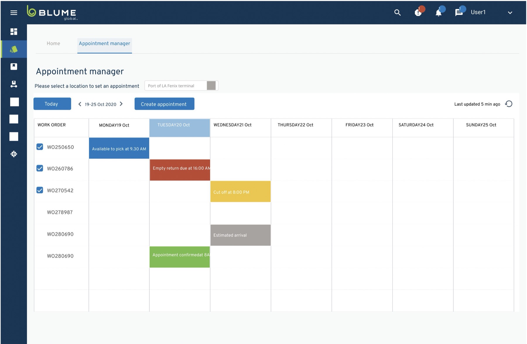The appointment manager: work orders against a week, with availability, cut-offs, and confirmations as color-coded states