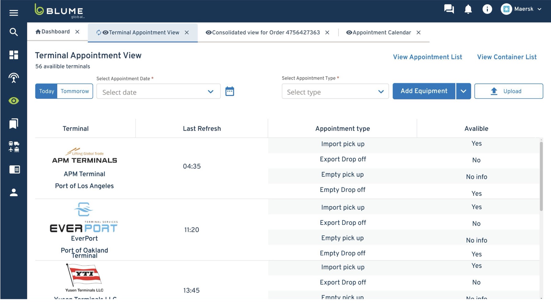 The terminal appointment view: 56 terminals, sorted for cross-container management at a glance