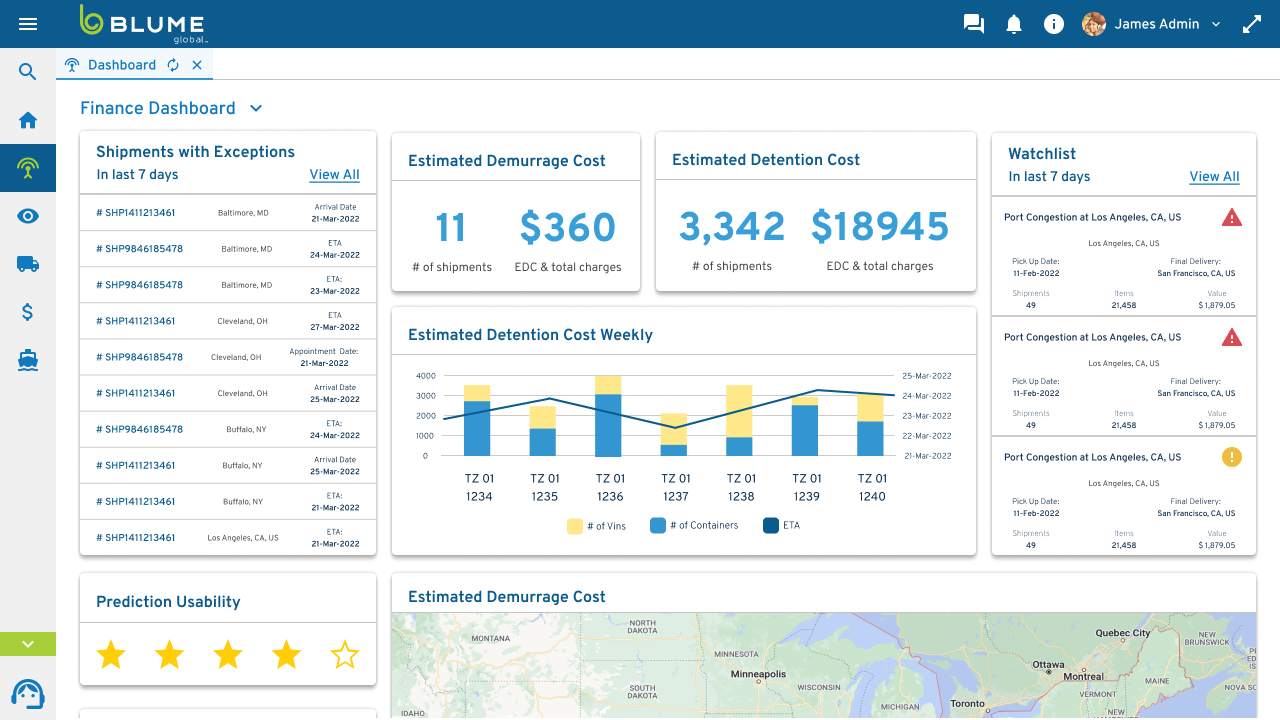 The Blume finance dashboard: exceptions, detention & demurrage costs, and a watchlist, all composed from the shared widget system