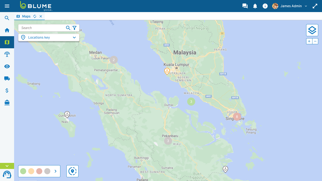 The Blume map language: location clusters and status pins over the live network view