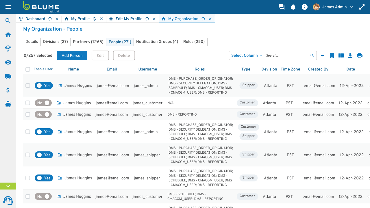 Org user management: 271 people, 250 roles, per-user permissions, all on the shared table system