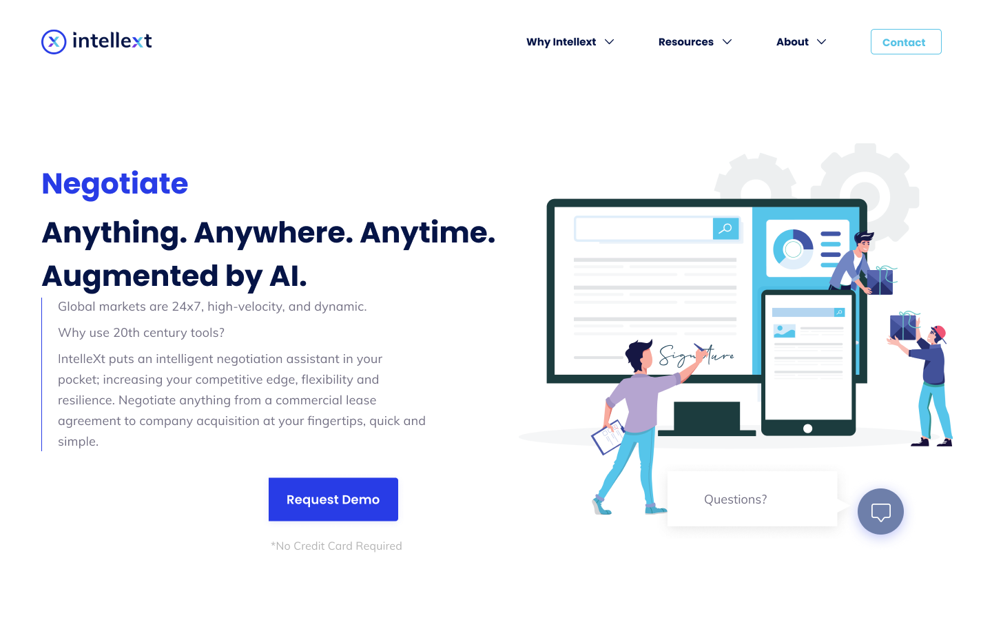 The IntelleXt marketing site hero. Negotiate Anything. Anywhere. Anytime. Augmented by AI.