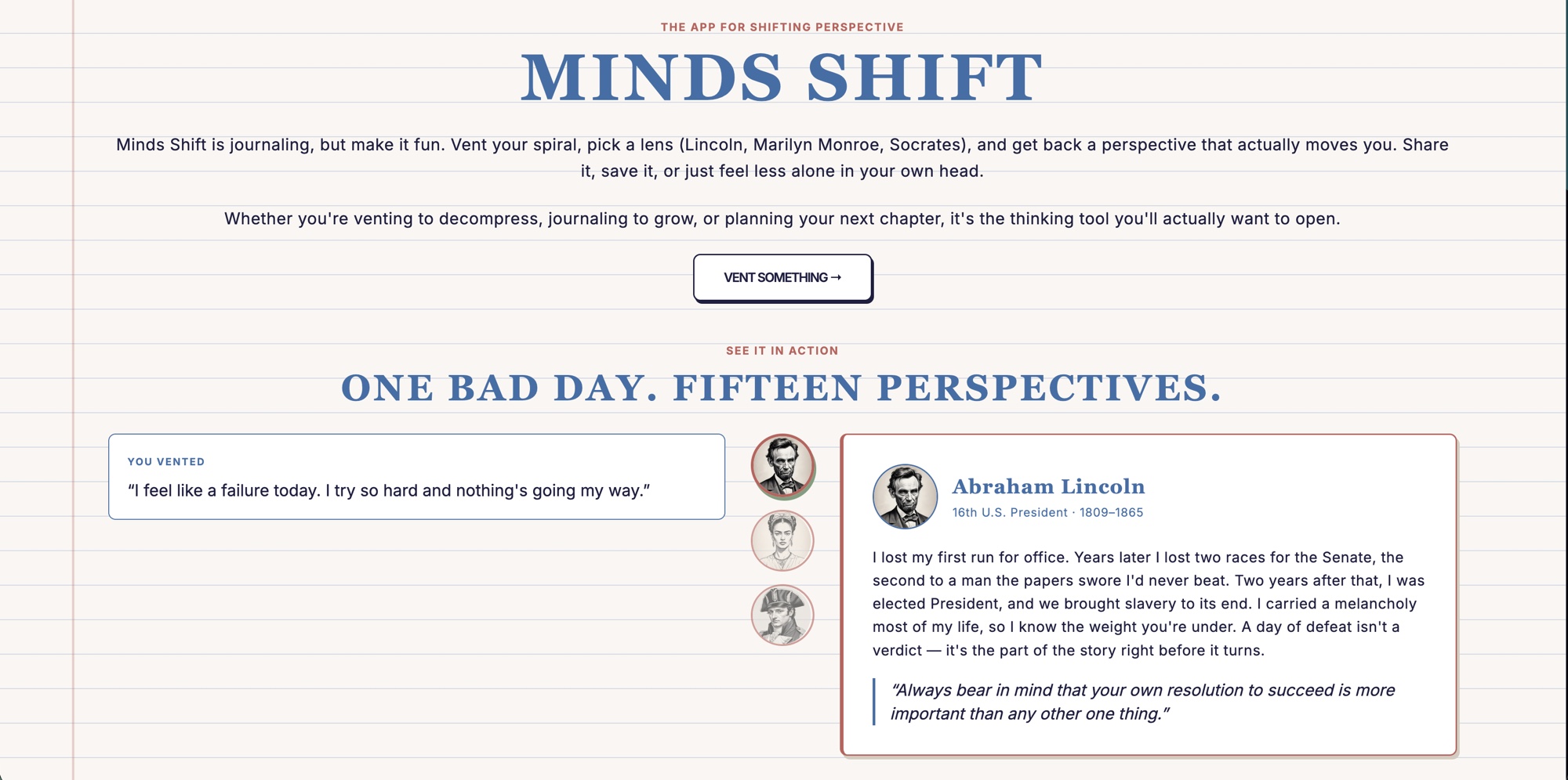 The minds-shift.com landing. Vent the spiral, pick a lens, get a perspective back.