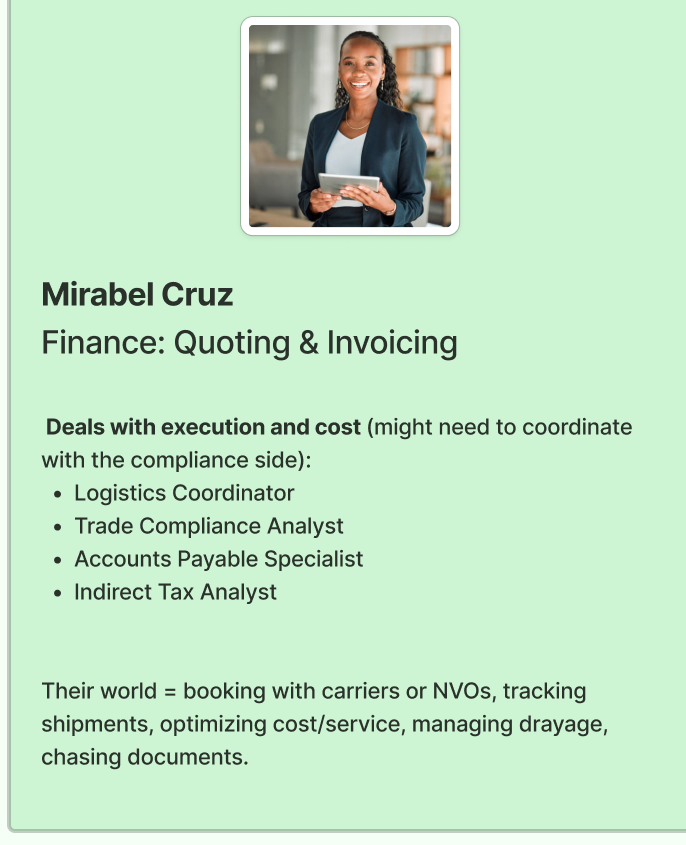 Mirabel Cruz, the finance persona on quoting and invoicing