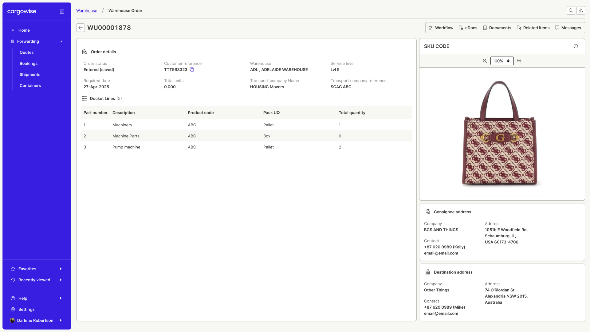 CargoWise Next — a warehouse order: docket lines, SKU, consignee and destination on one screen.