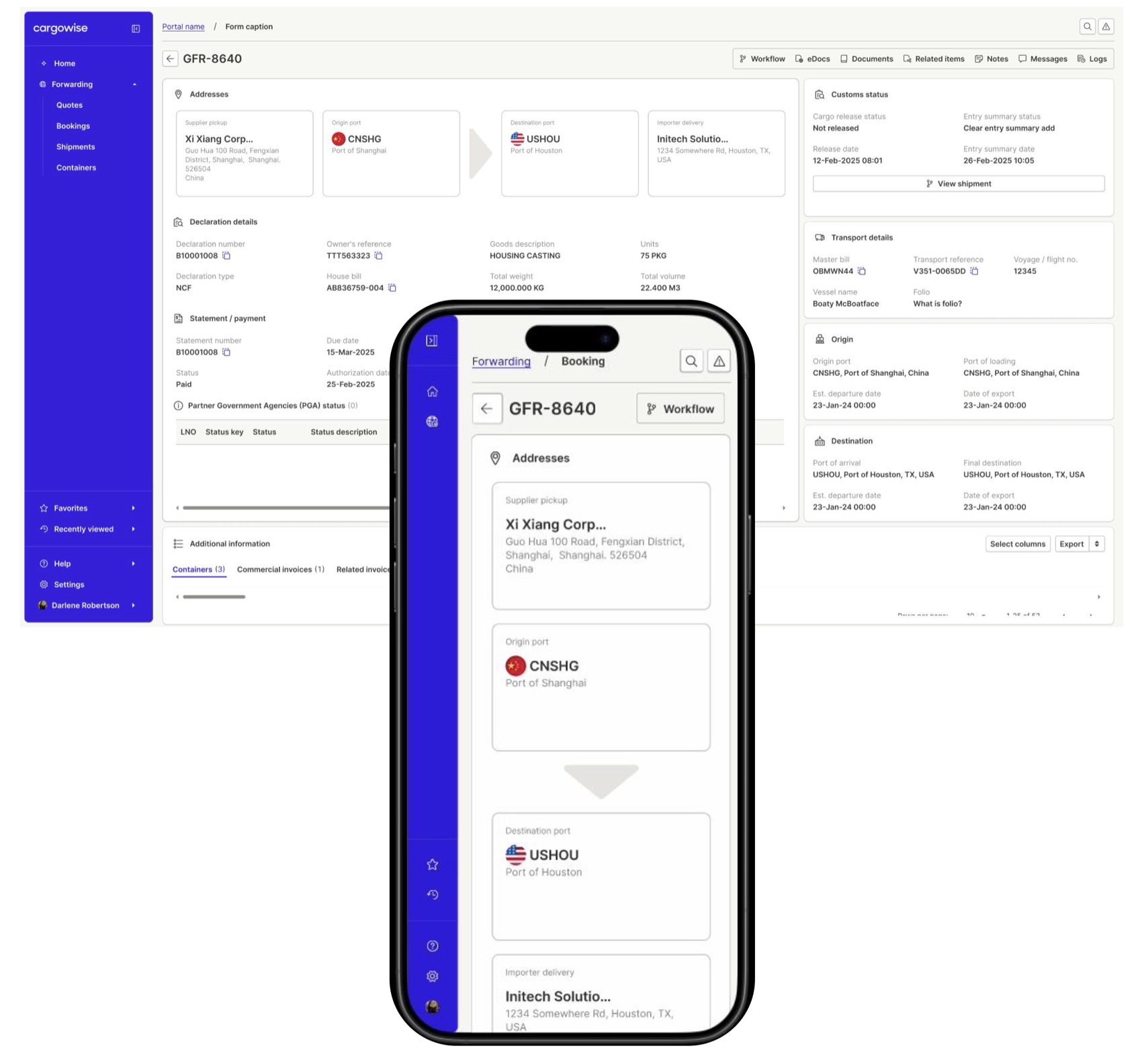 The same booking, desktop and mobile: information prioritized per device, one tap to the workflow