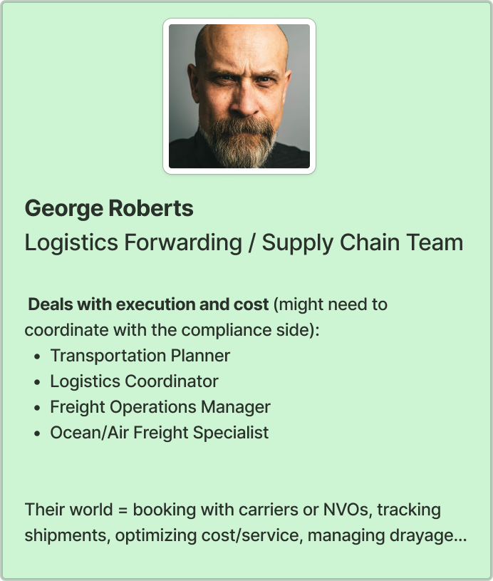 George Roberts, the logistics forwarding persona: booking with carriers, tracking shipments, optimizing cost and service, managing drayage, chasing documents
