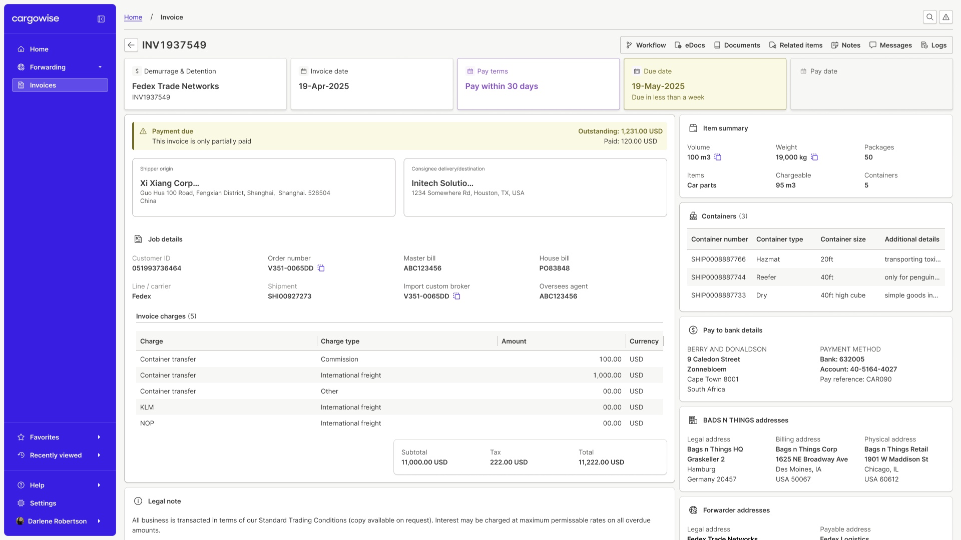 The invoice details view: standard invoice structure, charges grouped the way finance reads them, payment surfaced up top