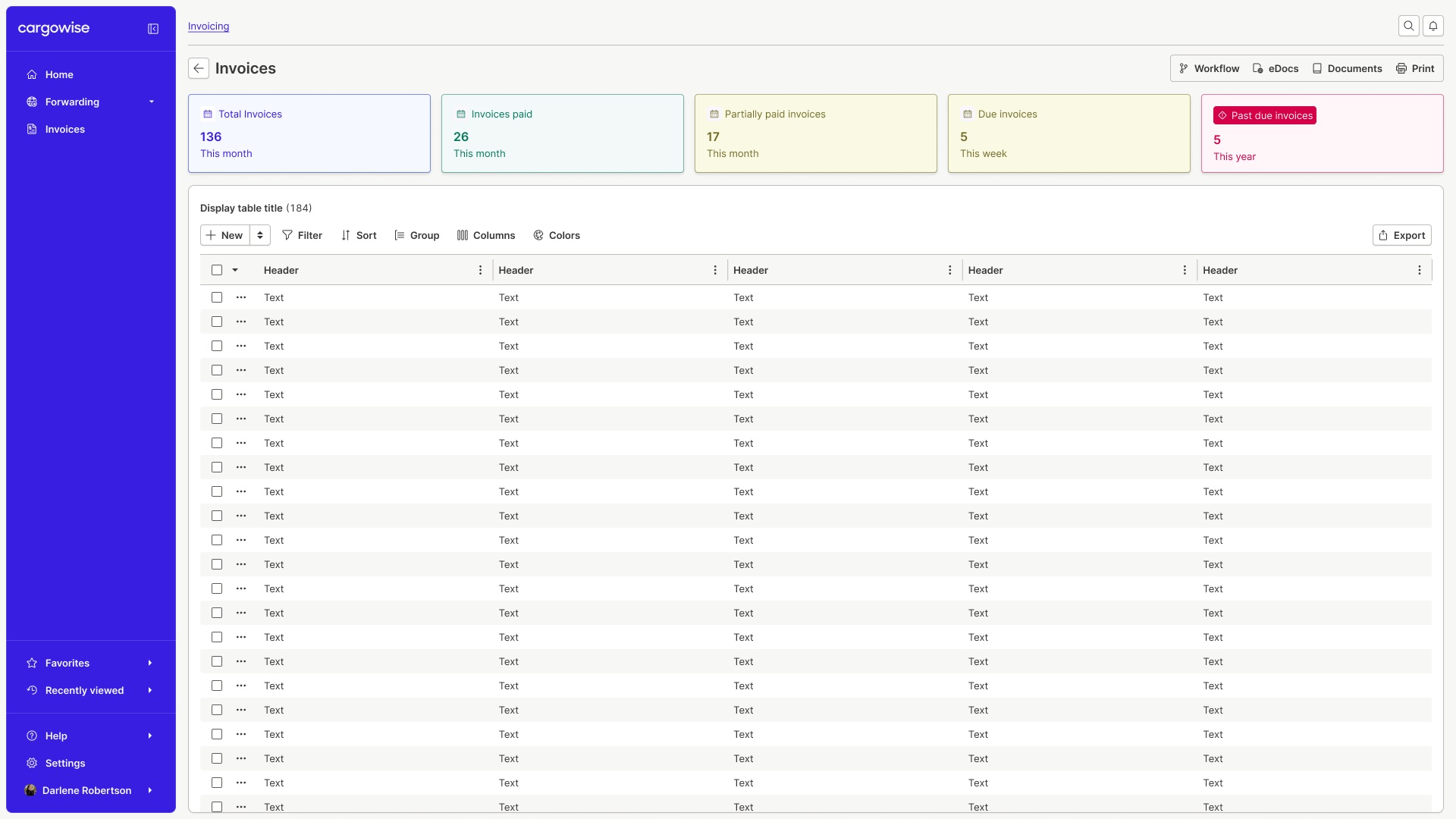 The invoices dashboard: status tiles up top, including the new Partially paid, over the full invoice grid