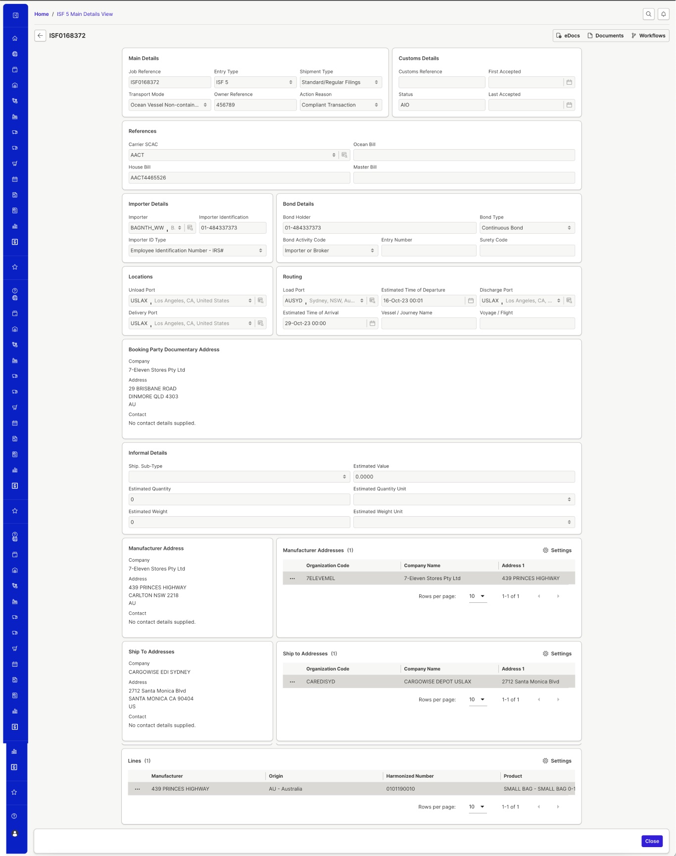 The ISF main details view: main details, references, importer and bond, locations and routing, addresses, and lines — chunked so the filing reads top to bottom