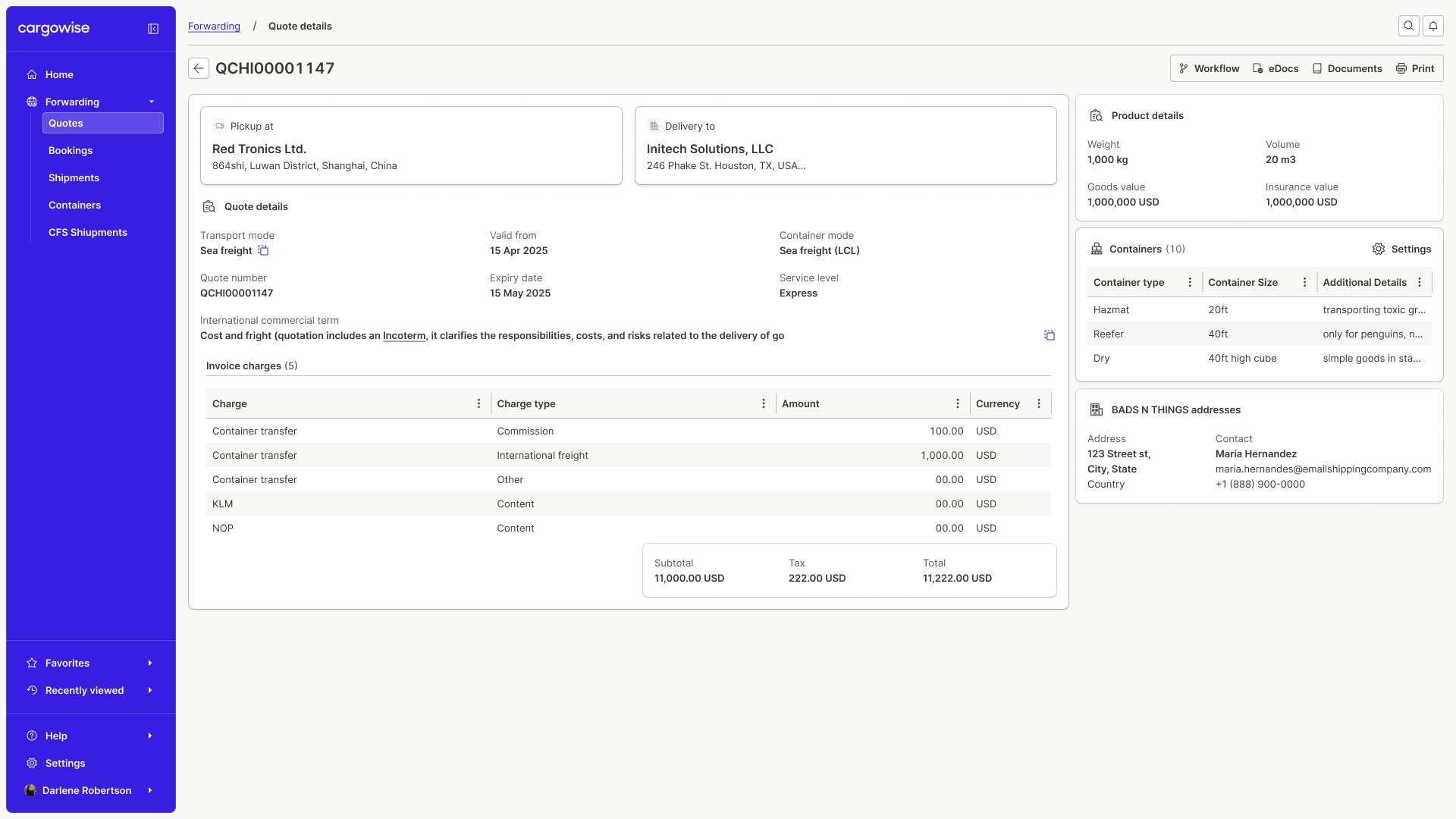 Quote Details, final: the quote summary, charges grid, and container details in one view