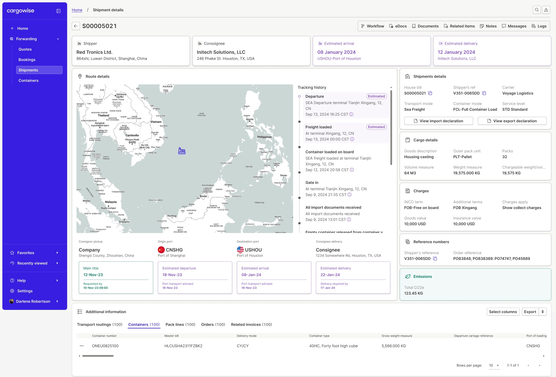 Shipment details, final: route map and tracking history up top, shipment, cargo, and charges rails on the right, tabbed related data with Select columns and Export