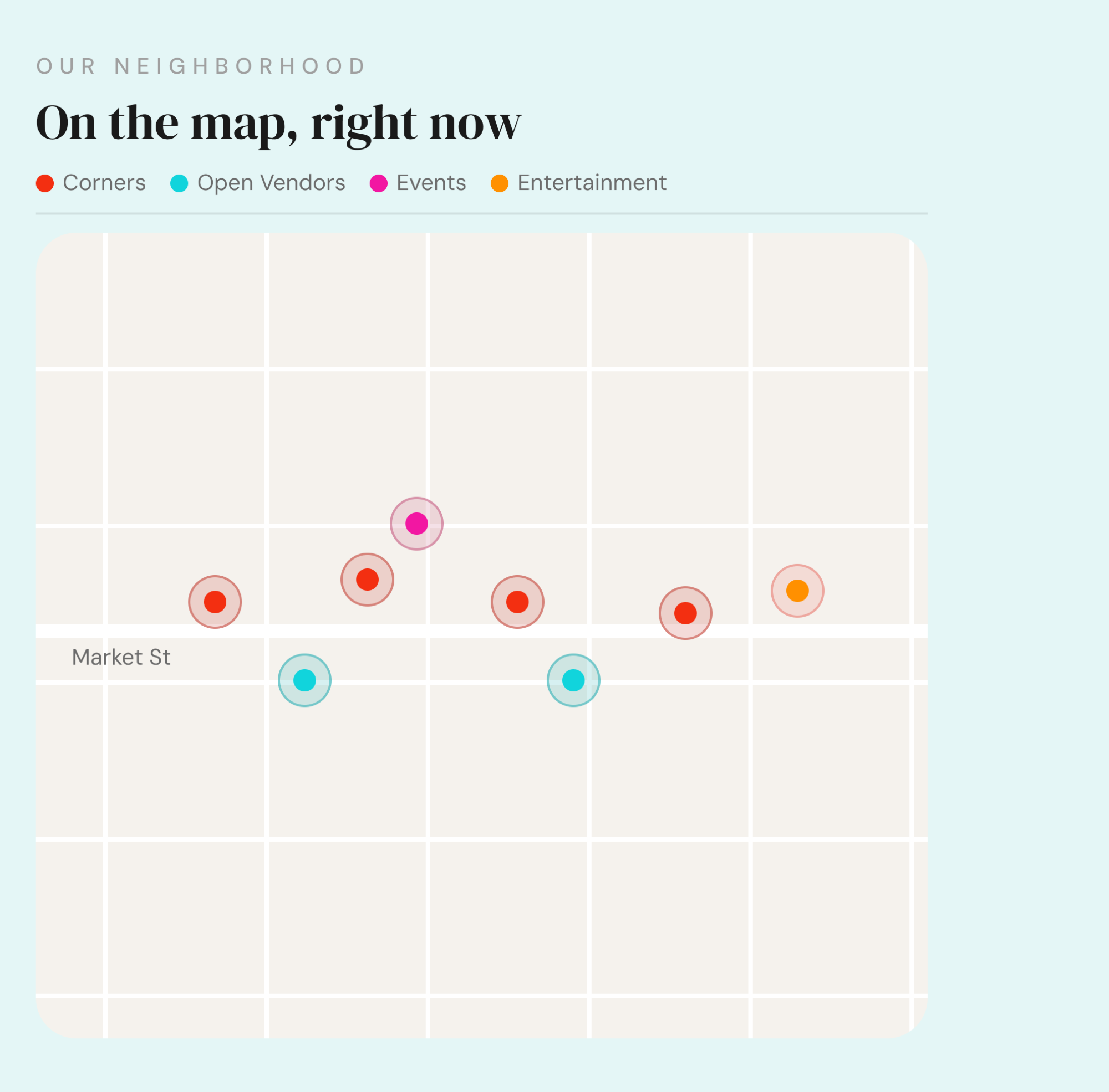 Further down the same page. Corners, open vendors, events, and entertainment on one live map of Mid-Market.