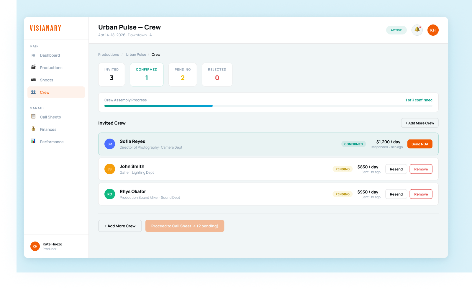The shipped MVP — a producer assembling crew: invite, confirm, call sheet.
