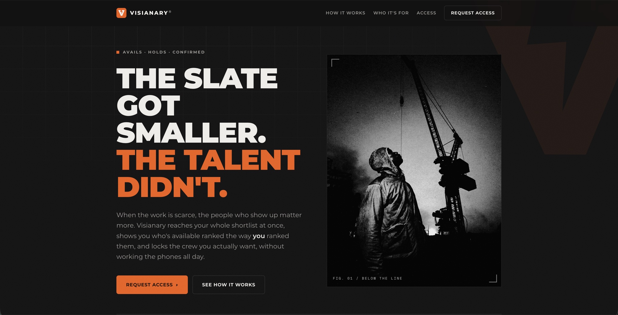 The visianary.ai landing — "The slate got smaller. The talent didn't."